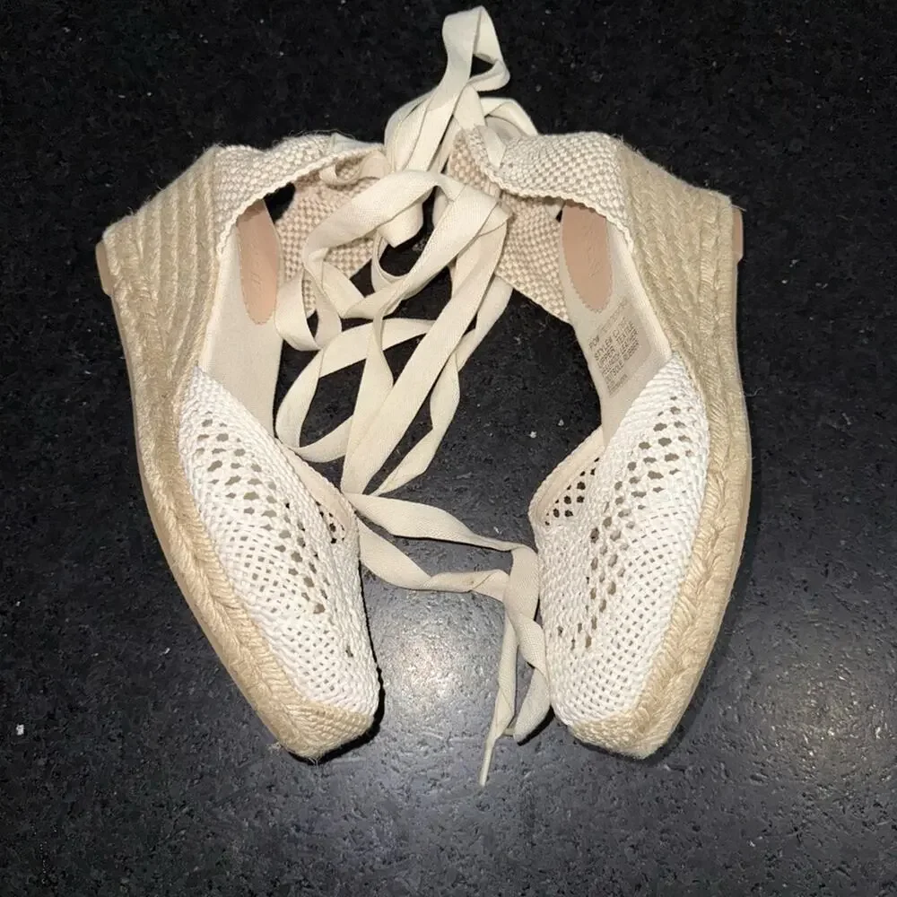 NEW J.Crew Made-in-Spain Lace-up Espadrilles Crochet Cream Wedges SZ 9 PERFECT